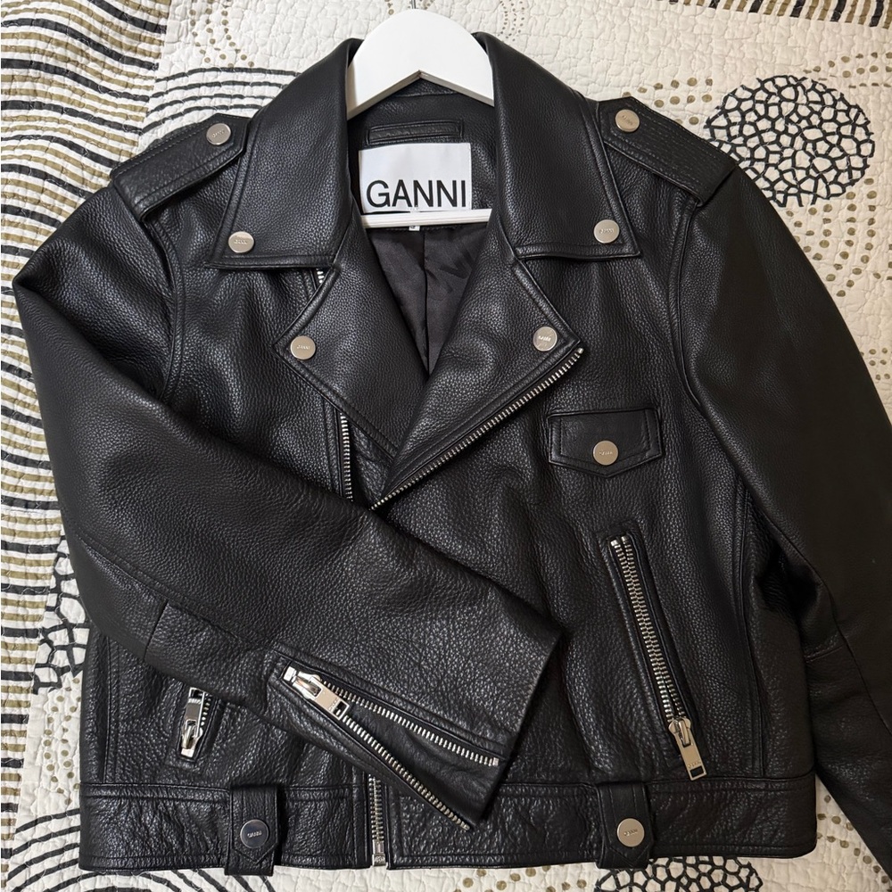 Ganni Black Biker Jacket with Silver Accents